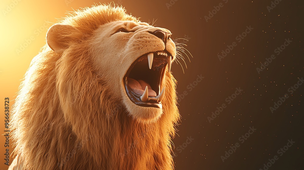 Fototapeta premium A majestic lion roars confidently under the golden sunlight, showcasing its powerful presence in the wild.