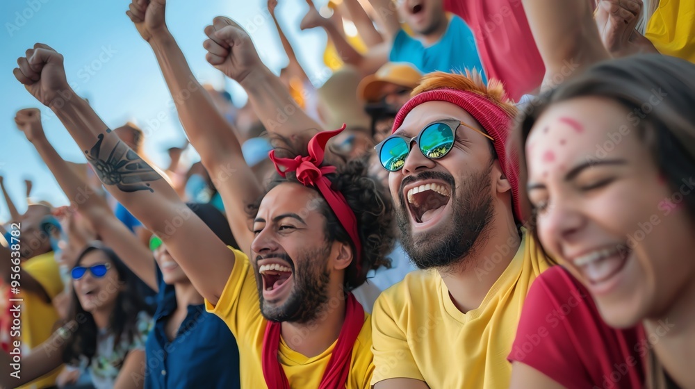 A group of excited sports fans cheer on their team. A group of excited sports fans cheer on their team.