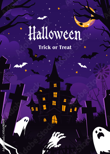 Happy halloween banner or party invitation background with violet fog clouds, ghost and pumpkins