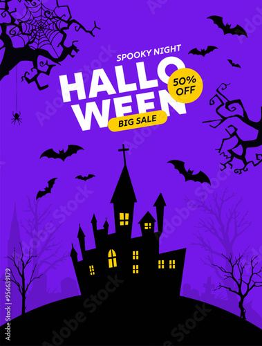 Happy halloween banner or party invitation background with violet fog clouds, ghost and pumpkins