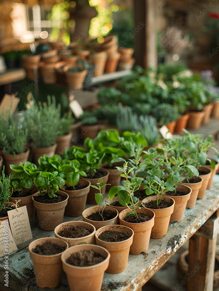 a long wooden table with several terracotta pots on it. The pots are arranged in rows and are filled with soil a long wooden table with several terracotta pots on it. The pots are arranged in rows and are filled with soil