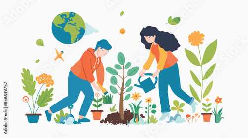 Earth Day Card Characters Plant Trees and Take Care of Nature