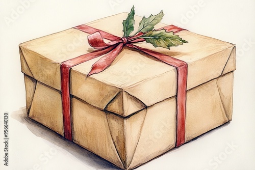 Christmas Gift Box with Ribbon and Holly Decoration photo