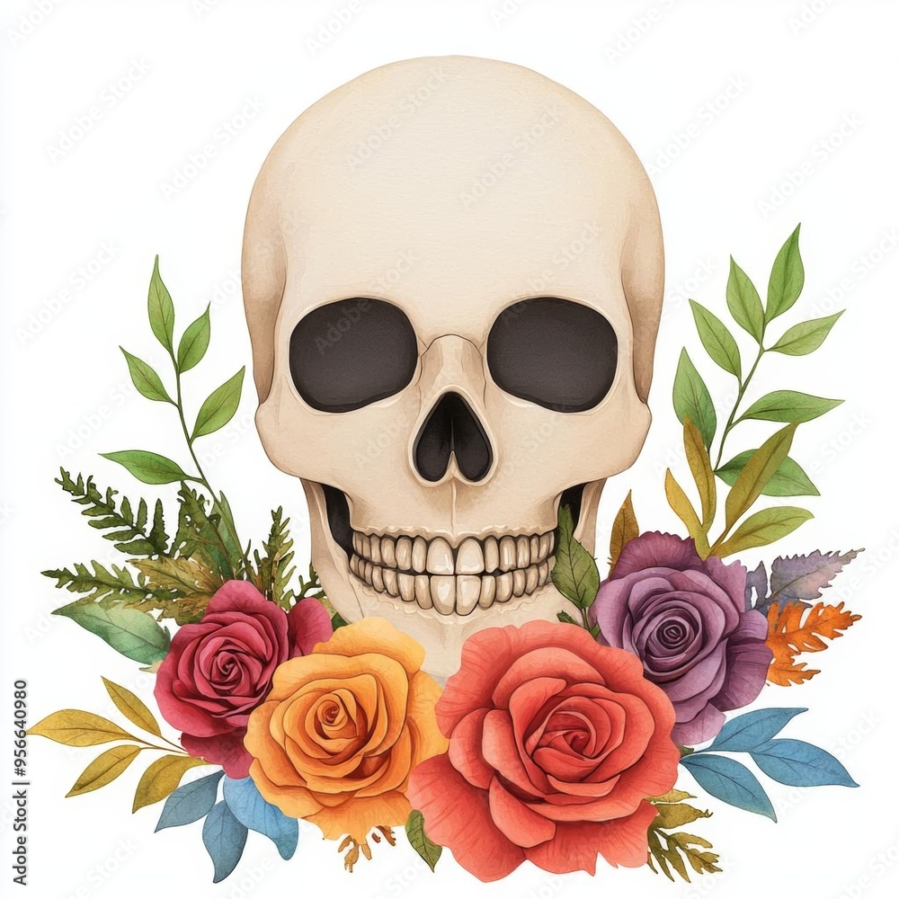 A single cute skull surrounded by roses, watercolor illustration, clipart, isolated on pure white background A single cute skull surrounded by roses, watercolor illustration, clipart, isolated on pure white background
