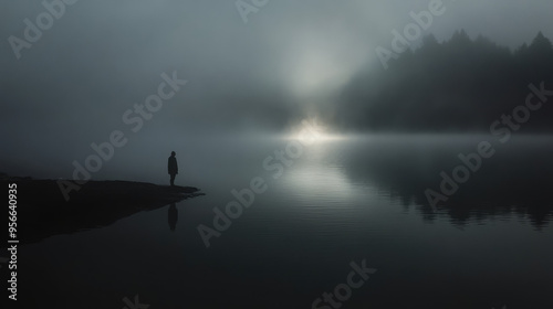 A haunting visual of a spectral figure standing at a foggy lake’s edge, with eerie light casting unsettling reflections on the dark water.