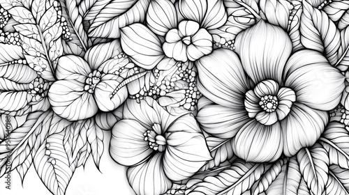 Black and white abstract design featuring leaves and flowers including doodles and hand drawn zentangles Suitable for coloring books cards and invitations Raster image photo