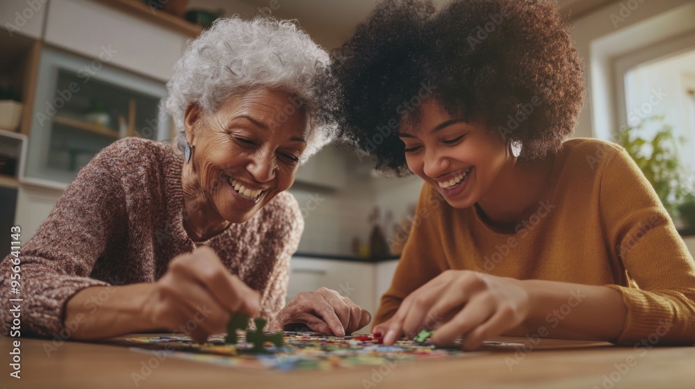 Fototapeta premium Joyful Multigenerational Bonding Over a Puzzle