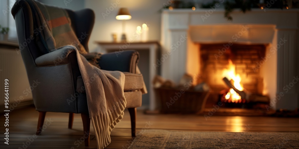 A comfortable armchair draped with a blanket is positioned by a glowing fireplace casting a warm and inviting atmosphere in a cozy room. A comfortable armchair draped with a blanket is positioned by a glowing fireplace casting a warm and inviting atmosphere in a cozy room.