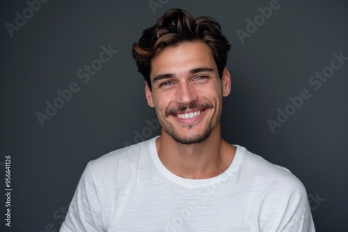 Smiling man in white t shirt on gray background.