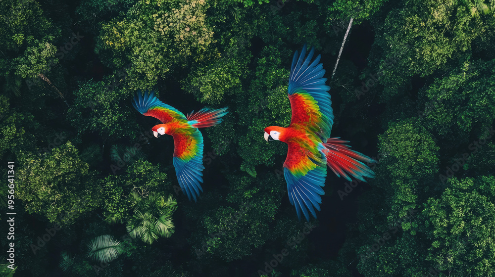 Fototapeta premium Scarlet macaws flying over the treetops of the Amazon rainforest, their bright colors creating a stunning contrast