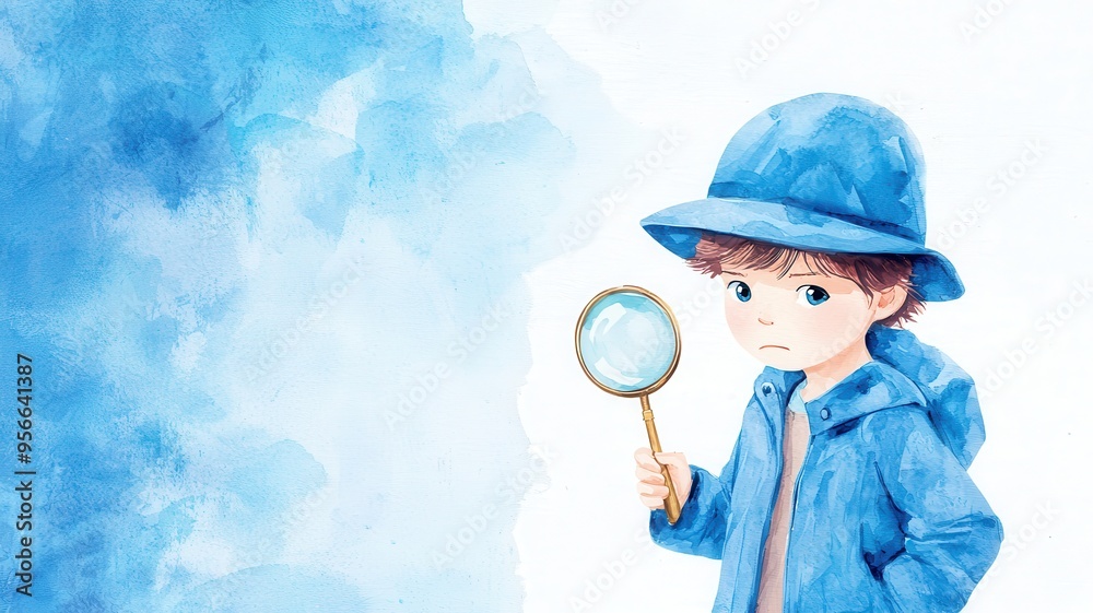 Kid detective, serious face, magnifying glass in hand, mysterious setting, watercolor style Kid detective, serious face, magnifying glass in hand, mysterious setting, watercolor style