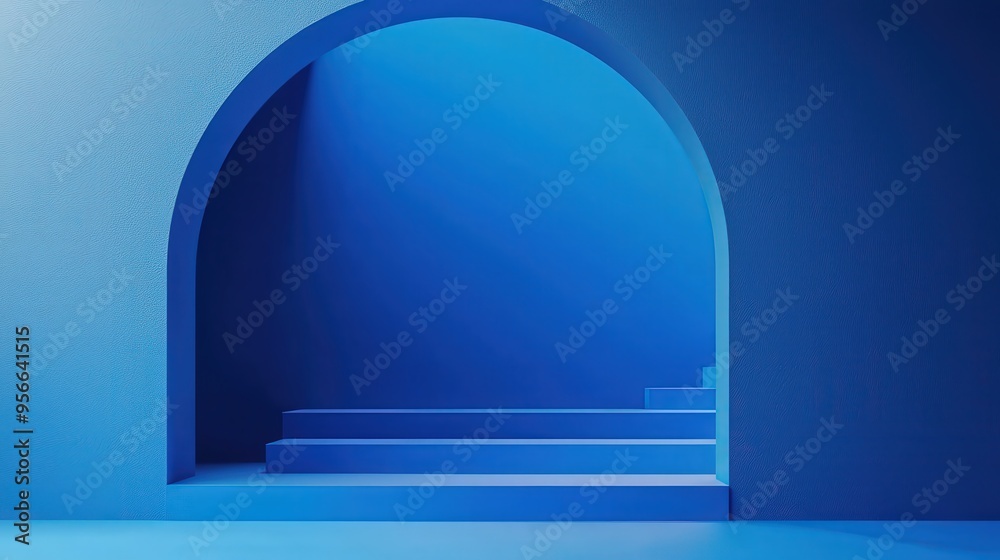 A serene architectural space features a large blue archway and several steps made of smooth blue surfaces, illuminated by soft light. The overall feel is calm and inviting A serene architectural space features a large blue archway and several steps made of smooth blue surfaces, illuminated by soft light. The overall feel is calm and inviting