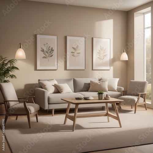 mockup frame  of a living room with a wall featuring three tables