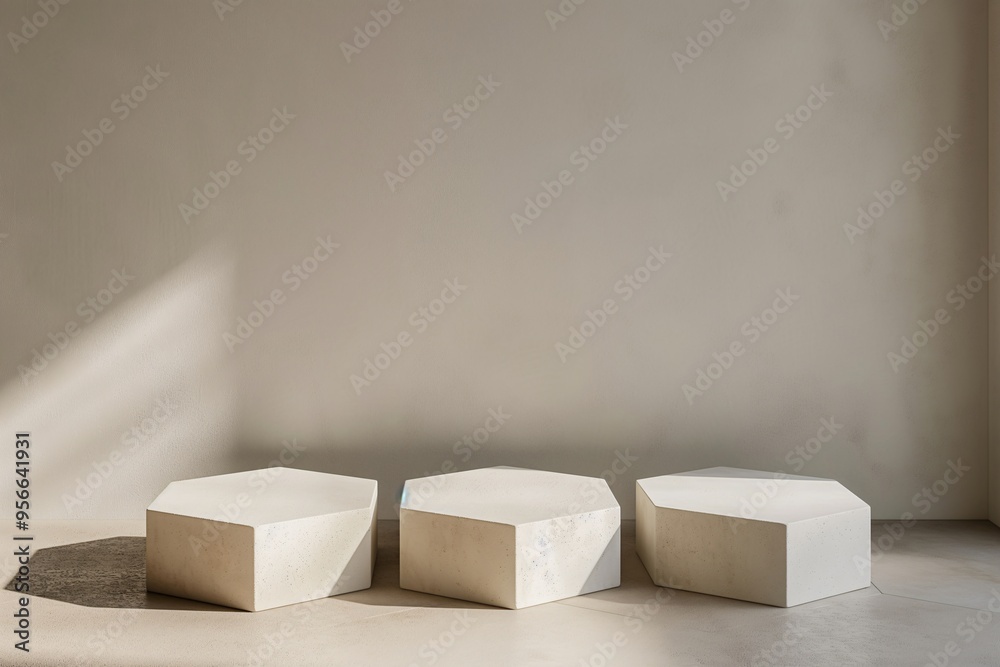 3 hexagonal white concrete pedestals, placed on the floor, minimalist, soft light and shadow 3 hexagonal white concrete pedestals, placed on the floor, minimalist, soft light and shadow