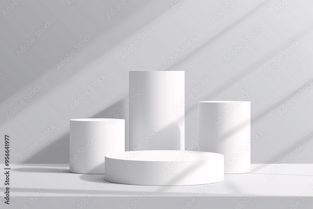 3 white cylindrical pedestal podiums, a product display platform on a grey background with shadow and light effects