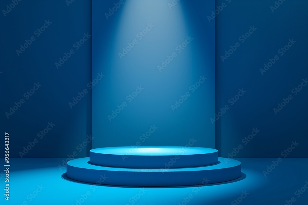 3D blue empty podium platform with a spotlight on the background, a stage showcase for product presentation or an award ceremony 3D blue empty podium platform with a spotlight on the background, a stage showcase for product presentation or an award ceremony