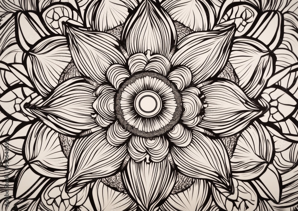 Line art illustration of a decorative mandala featuring floral petal designs Line art illustration of a decorative mandala featuring floral petal designs