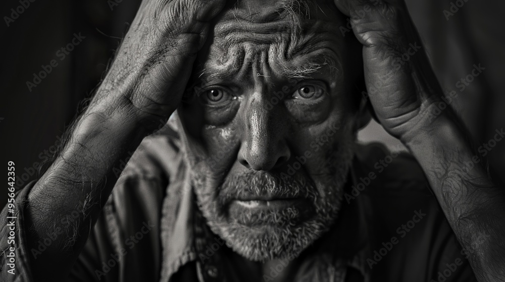 Aesthetic Black and White Dusk Portrait of an Old Man with Worried Expression and Hands on Head Reflecting Deep Sorrow Aesthetic Black and White Dusk Portrait of an Old Man with Worried Expression and Hands on Head Reflecting Deep Sorrow