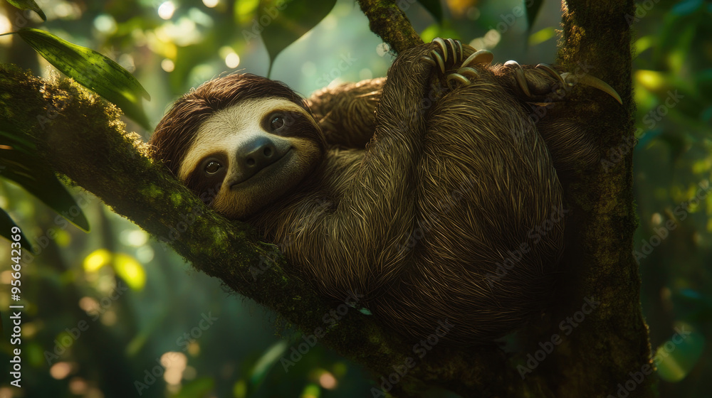 Naklejka premium Sloth hanging lazily from a tree branch in the Amazon, blending in with the dense canopy above