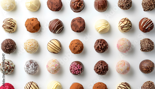 Many different delicious chocolate truffles on white background, top view