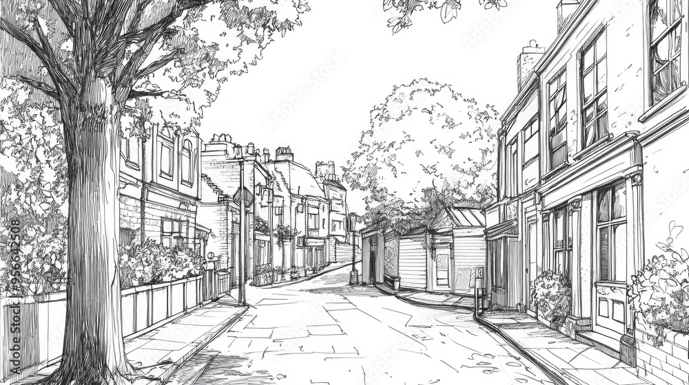 Line art illustration of a street scene sketchbook drawing Line art illustration of a street scene sketchbook drawing