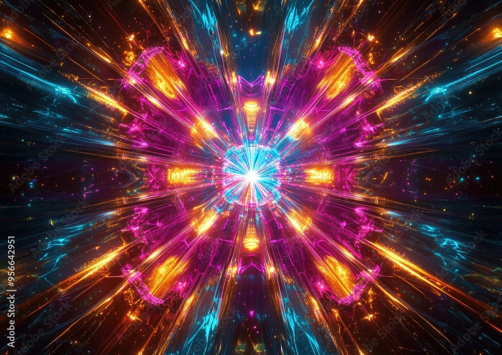 Abstract neon background featuring a fractal explosion star enhanced with glossy lines and intricate designs creating a visually stunning illustration Abstract neon background featuring a fractal explosion star enhanced with glossy lines and intricate designs creating a visually stunning illustration