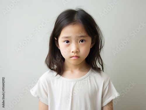 Ivory background sad Asian child Portrait of young beautiful in a bad mood child Isolated on Background, depression anxiety fear burn out health  photo