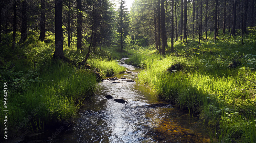 Obraz premium Stream running through a forest meadow, surrounded by wild grasses and tall trees.