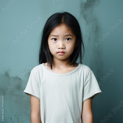 Ivory background sad Asian child Portrait of young beautiful in a bad mood child Isolated on Background, depression anxiety fear burn out health 