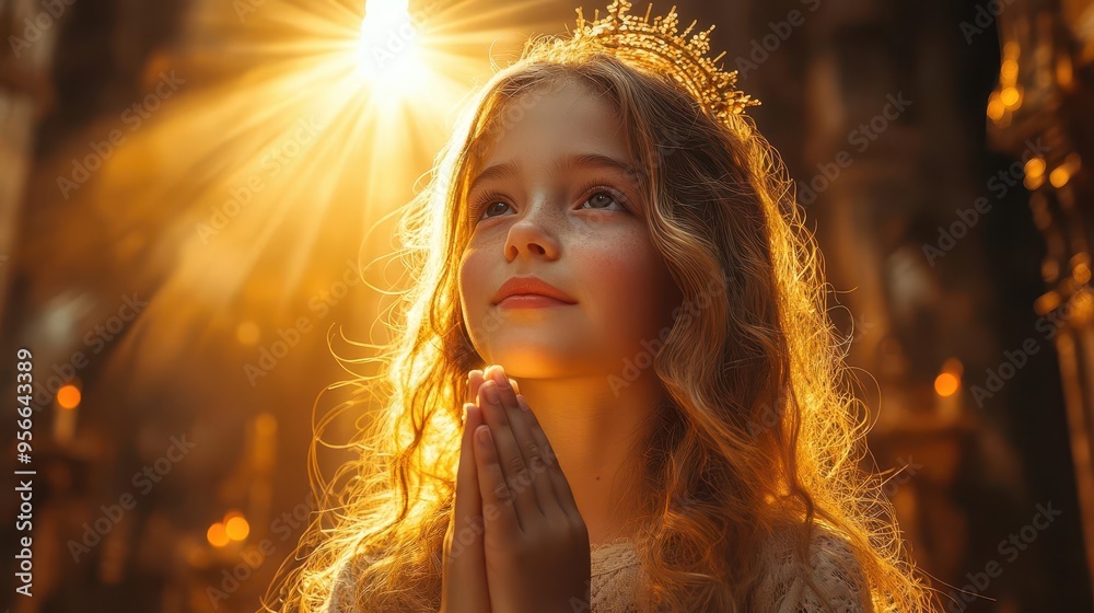 heartwarming scene of young girl praying in ornate church bathed in ethereal light as translucent image of jesus extends blessing cinematic atmosphere with dramatic lighting heartwarming scene of young girl praying in ornate church bathed in ethereal light as translucent image of jesus extends blessing cinematic atmosphere with dramatic lighting