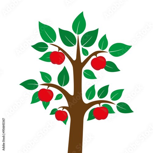 Tree with green leaves and red apples. Vector tree. Apple tree.