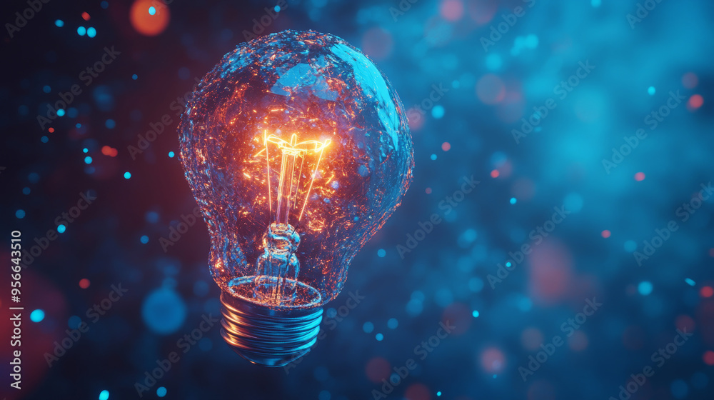 A glowing abstract light bulb on a vibrant blue background, created with generative AI. A glowing abstract light bulb on a vibrant blue background, created with generative AI.