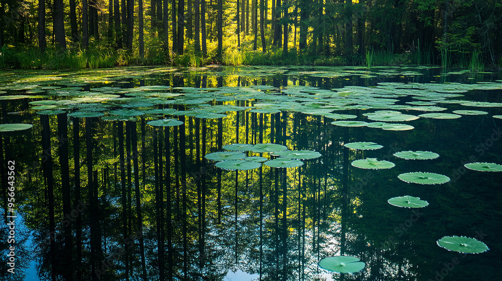 Tranquil forest pond with lily pads and tall trees reflecting on the surface Tranquil forest pond with lily pads and tall trees reflecting on the surface