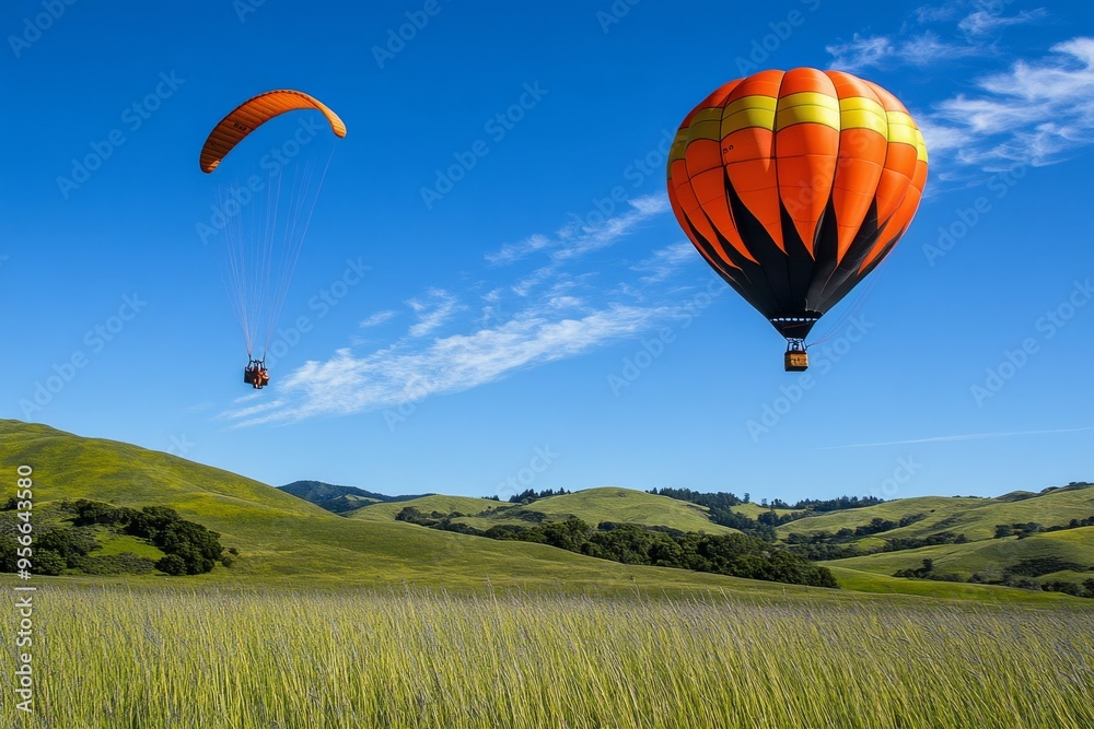 Naklejka premium Hot Air Balloon and Paraglider Soaring Over Lush Green Hills