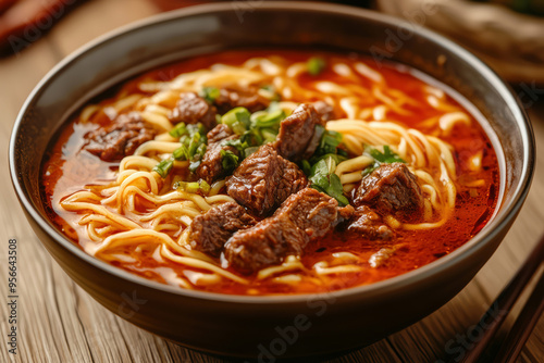 Spicy red soup beef noodle in a bowl, placed on a wooden table