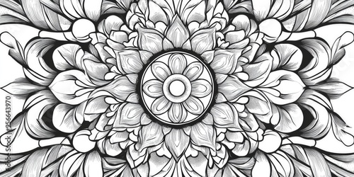 Line art illustration of an intricate Deco style mandala featuring a circular ornament pattern