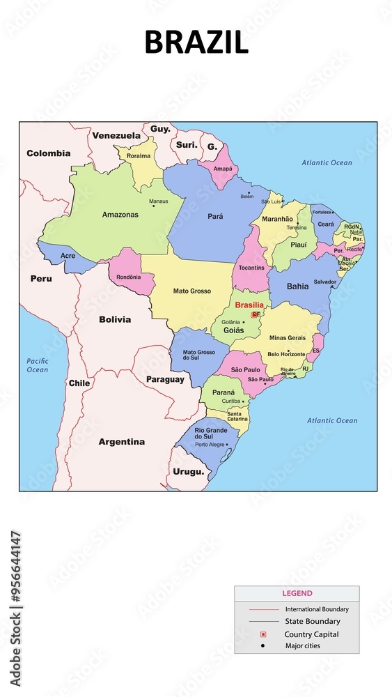 Fototapeta premium Brazil Map. State and union territories of Brazil with neighbouring countries. Political map of Brazil with capital and important cities in Detailed.