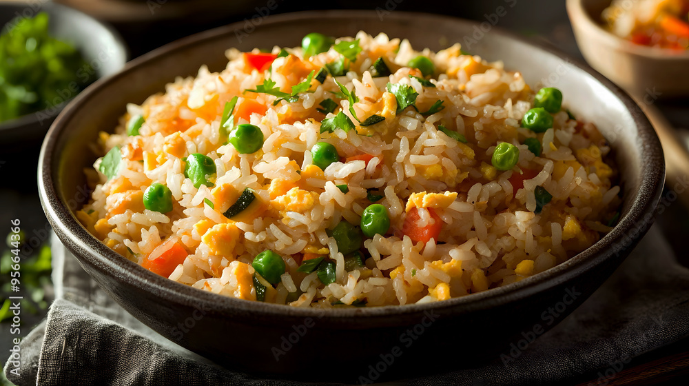 bowl of egg fried rice, filled with colorful vegetables and seasoned to perfection