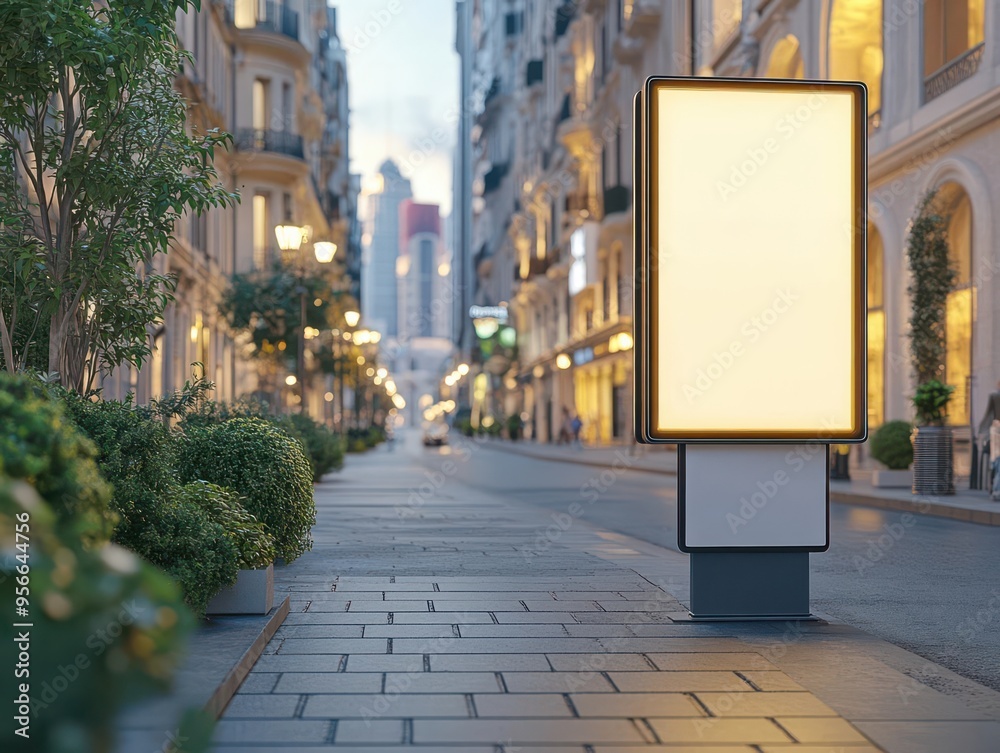 Blank billboard mockup on a city street at dusk. Blank billboard mockup on a city street at dusk.