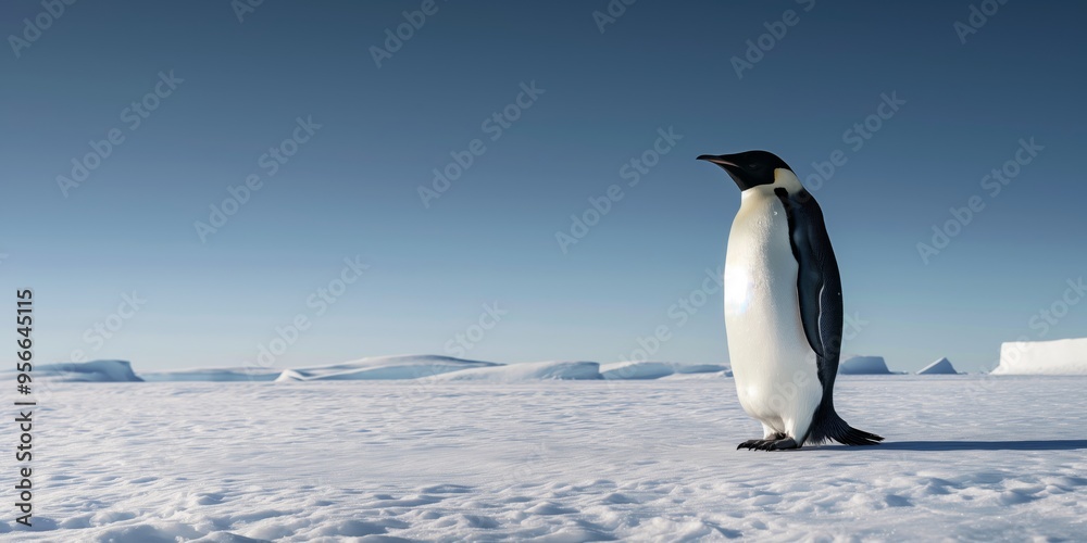 Obraz premium A photograph capturing a solitary Emperor penguin standing proudly on an icy, snow-covered landscape, representing strength and resilience in isolation.