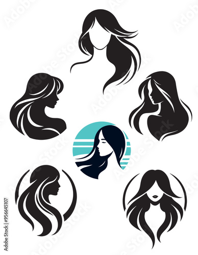 set of logos woman's head with long hairstyle, hair salon