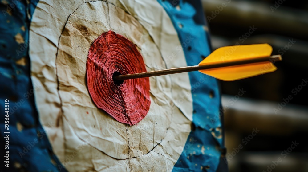 An arrow piercing through a paper target, with the target paper torn and the arrow in perfect focus. An arrow piercing through a paper target, with the target paper torn and the arrow in perfect focus.