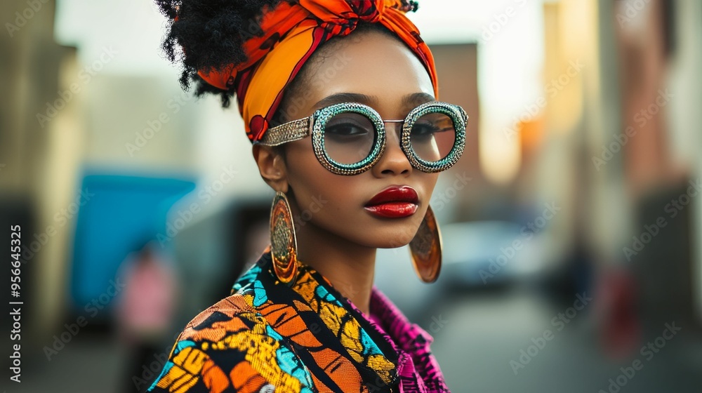 Portrait of a Woman Wearing an Orange Headscarf and Sunglasses Portrait of a Woman Wearing an Orange Headscarf and Sunglasses