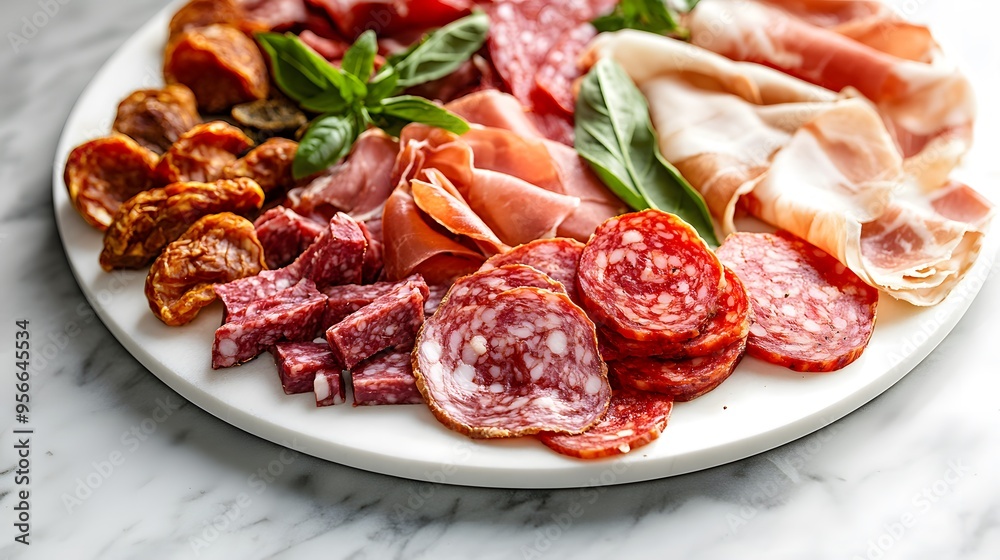 Assorted cured meats platter, charcuterie board, white marble countertop, white ceramic bowl, prosciutto, salami, dried beef, artisanal cold cuts, gourmet appetizer. Assorted cured meats platter, charcuterie board, white marble countertop, white ceramic bowl, prosciutto, salami, dried beef, artisanal cold cuts, gourmet appetizer.