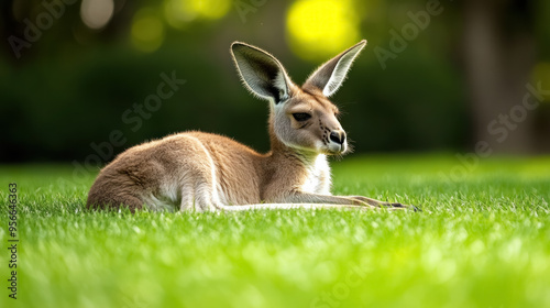 relaxed kangaroo lounging on lush green grass in natural sunlight