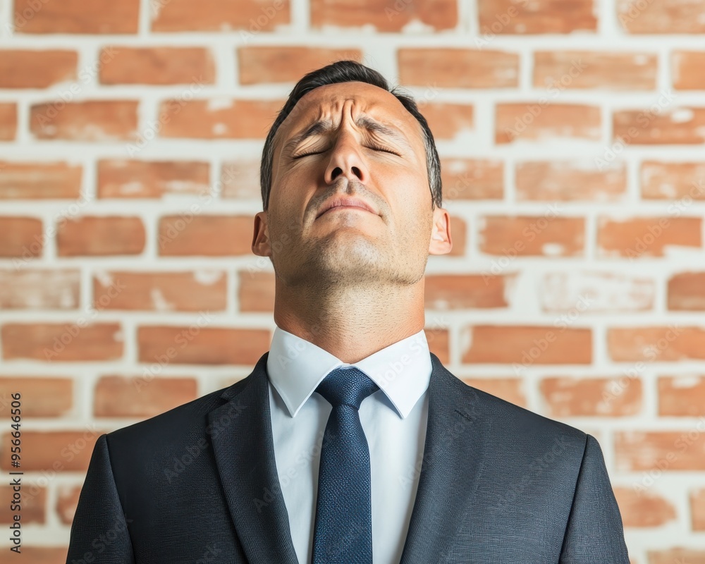 A businessman in a suit expressing frustration or stress, standing against a brick wall background, symbolizing workplace pressure or challenges. A businessman in a suit expressing frustration or stress, standing against a brick wall background, symbolizing workplace pressure or challenges.