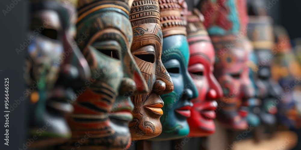 Handcrafted masks are displayed vibrantly, showcasing the intricate artistry and cultural significance of each piece, distinguished by varied colors and detailed patterns. Handcrafted masks are displayed vibrantly, showcasing the intricate artistry and cultural significance of each piece, distinguished by varied colors and detailed patterns.