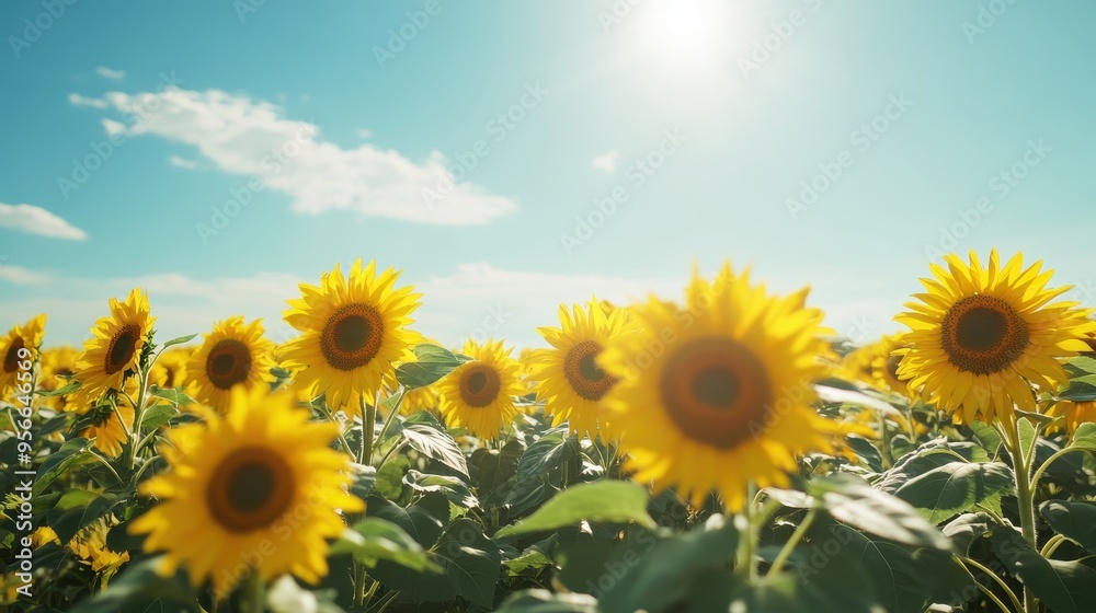 Naklejka premium Sunlit Sunflower Field with Blue Sky and White Clouds