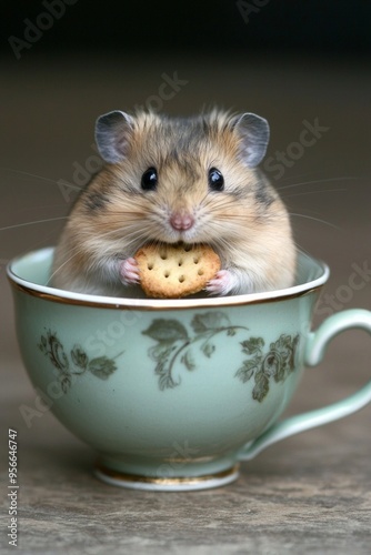 A chubby hamster sitting inside a teacup, nibbling on a tiny biscuit.