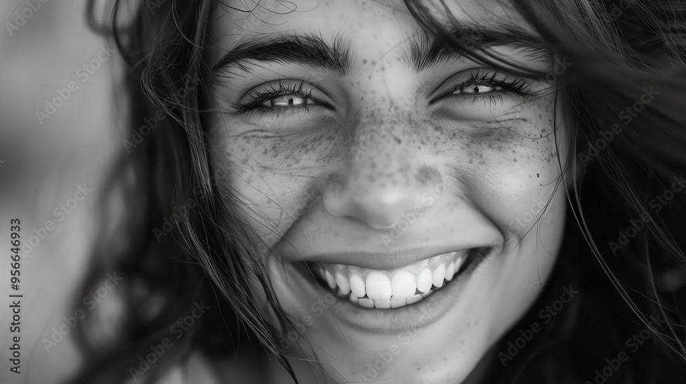 A woman smiles broadly, showing her teeth. A woman smiles broadly, showing her teeth.